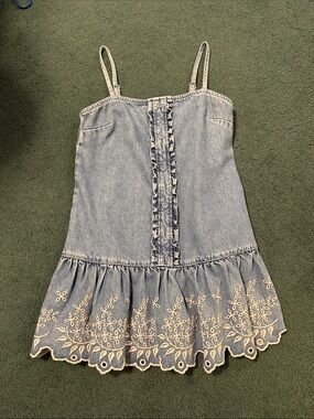 Light Wash Denim Eyelet Ruffle Sundress - Casual Spaghetti Strap